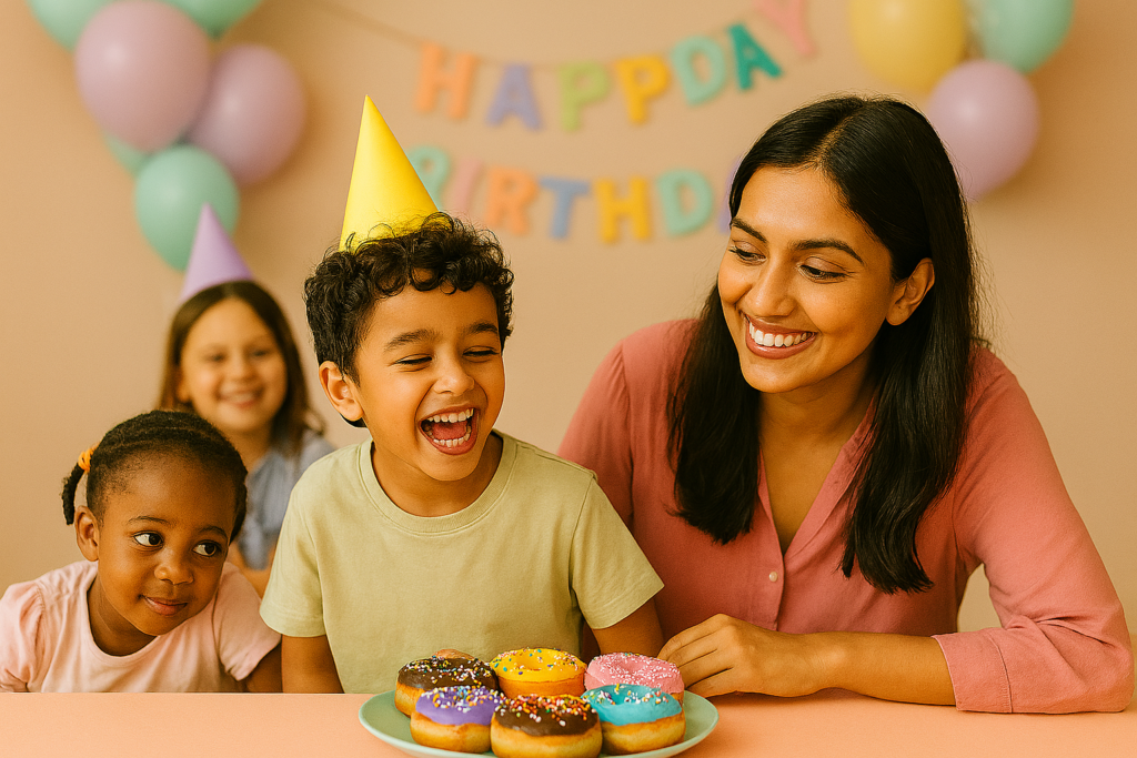 Asian mother at a children’s birthday party, surrounded by happy kids and colorful donuts